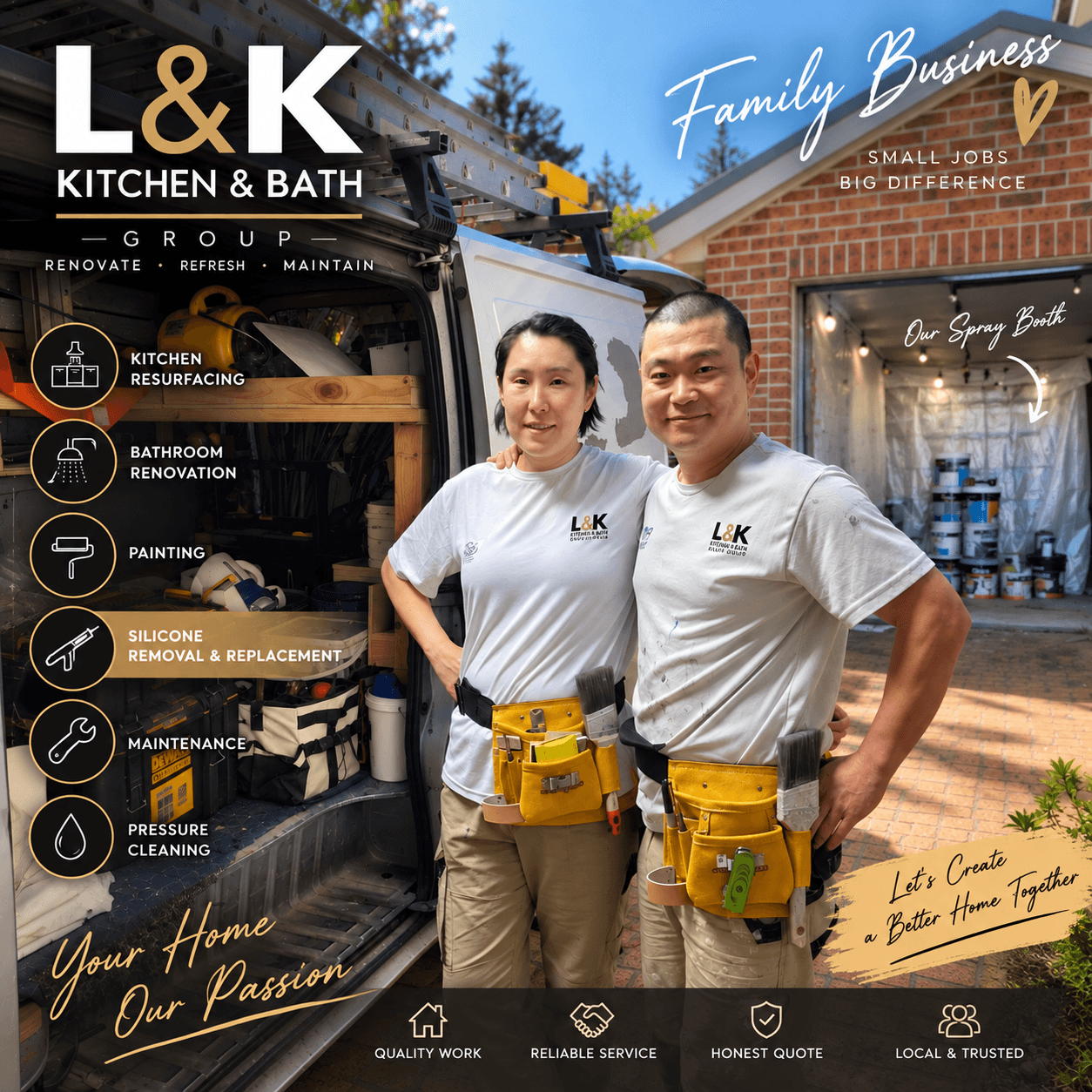Company-provided L&K Kitchen & Bath promotional artwork showing two people, a work van and a spray booth.